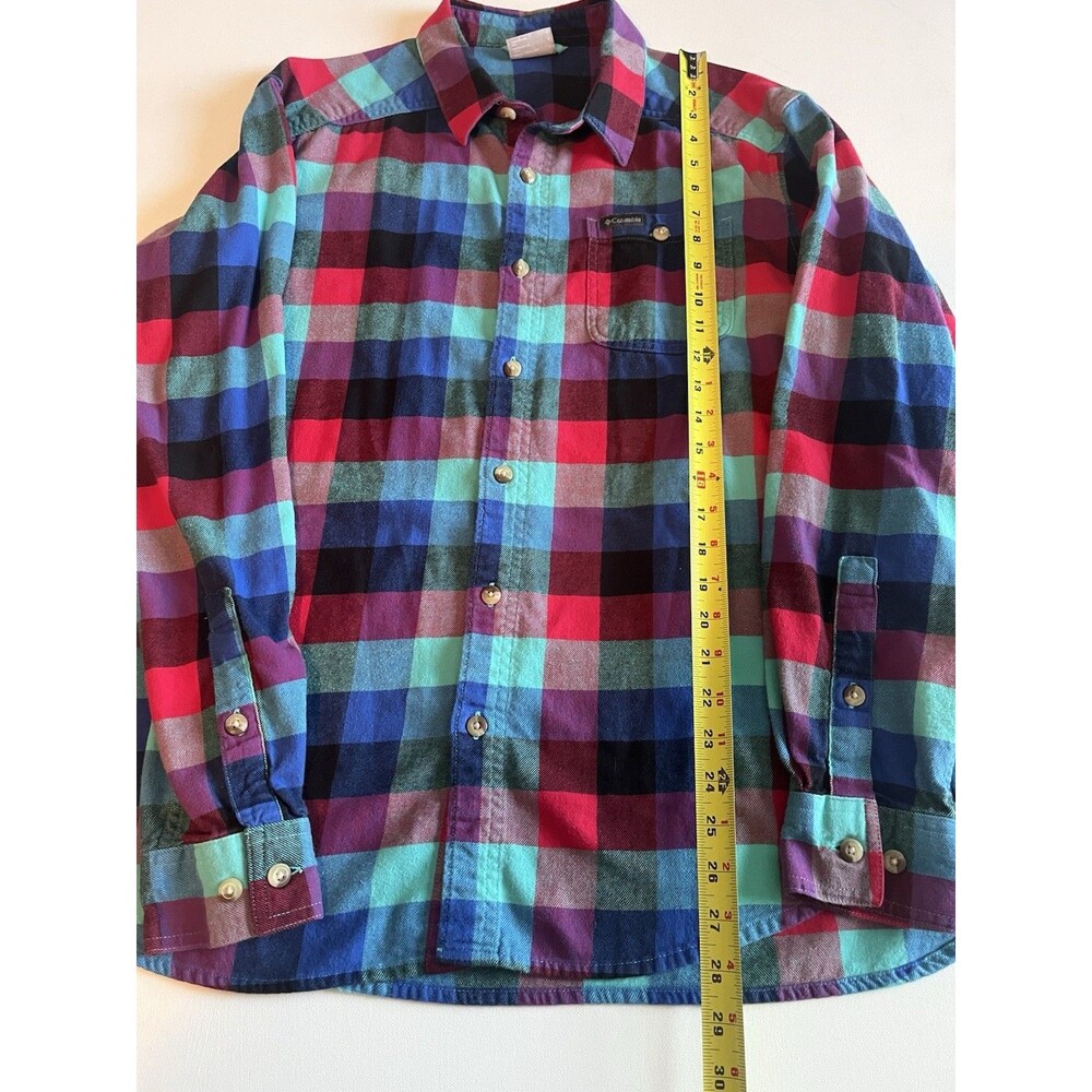 Columbia Cornell Woods Bright Aqua Buffalo Check Button Down Flannel Shirt L - Picture 7 of 12